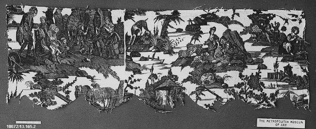 Schwarz-weiß-Zeichnung einer Gruppe von Menschen im Wald mit Bäumen und Pflanzen im Hintergrund, signiert "The Metropolitan Museum of Art" unten.