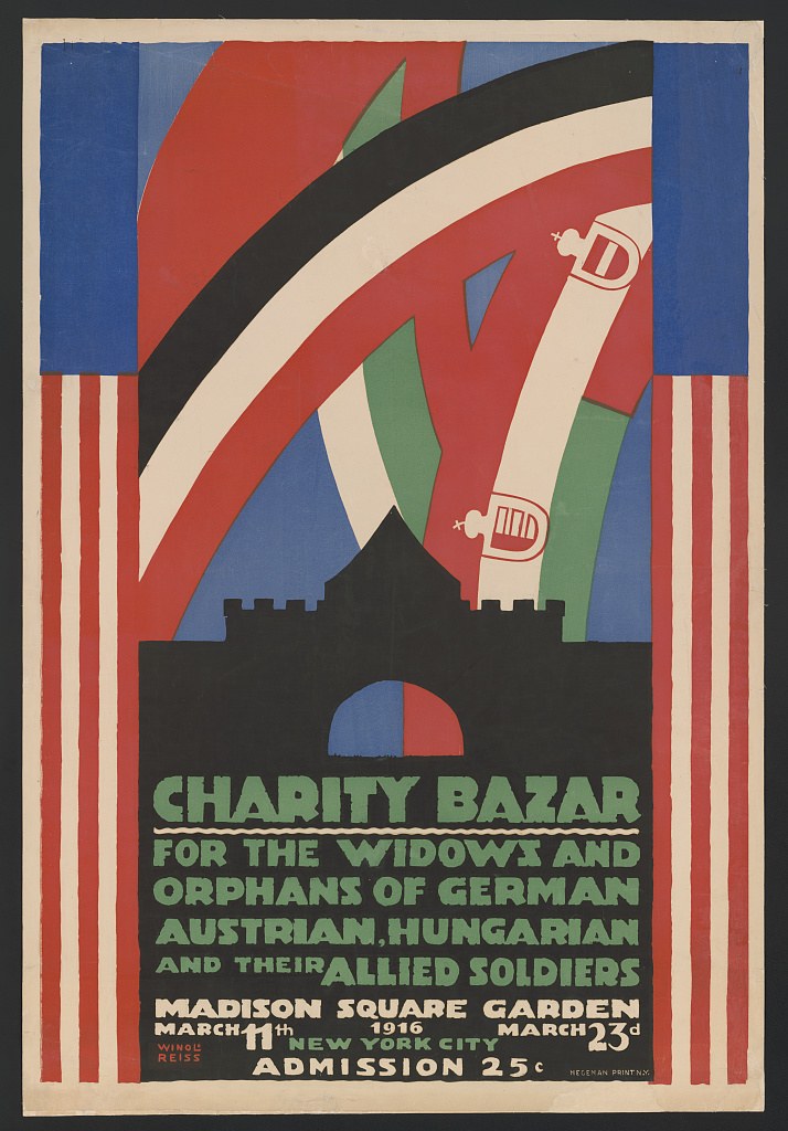 Charity-Bazar-Plakat für die Witwen und Waisen deutscher, australischer, ungarischer und alliierter Soldaten mit Veranstaltungstext.