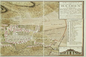Ein detaillierter alter Stadtplan von Baden-Württemberg, Deutschland, der Straßen, Gebäude und Sehenswürdigkeiten zeigt, mit Text, der zusätzliche Stadtinformationen und ein Gebäude in der rechten unteren Ecke bereitstellt.