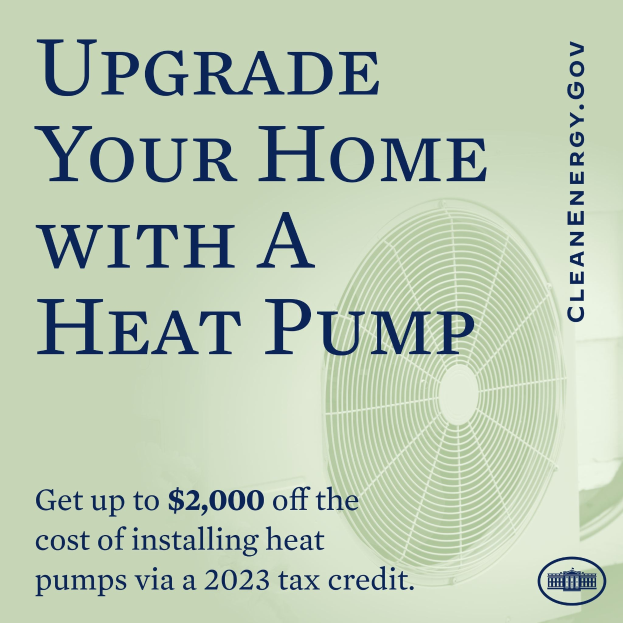 Plakat zur Werbung für den Austausch von Heizungen zu Wärmpumpen mit einem Bild einer Wärmpumpe und dem Text "Upgrade Your Home with a Heat Pump."
