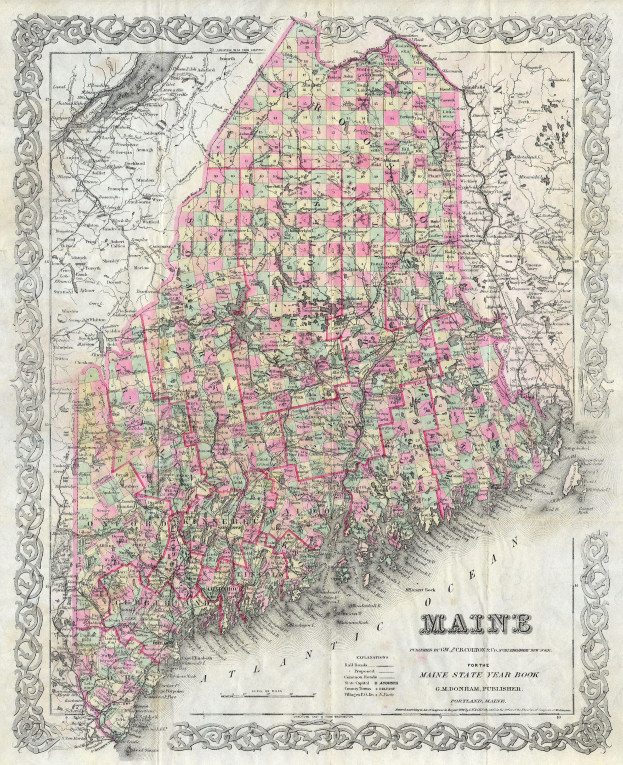 Detailiertes altes Maine-Karte, die Landkreise, Städte und geografische Merkmale mit Text unten zeigt.