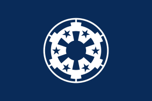 Weißes 'Star Wars-Imperium'-Logo auf einem tiefblauen Hintergrund.