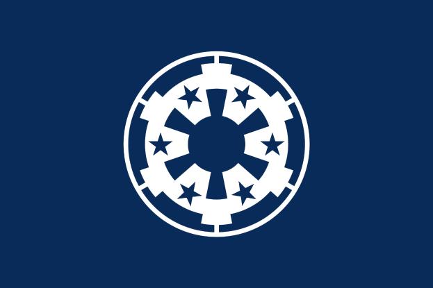 Weißes 'Star Wars-Imperium'-Logo auf einem tiefblauen Hintergrund.