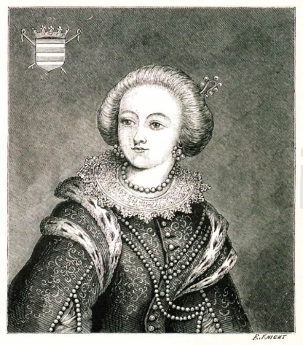 Schwarzes und weißes Gravur von Königin Elizabeth I. in königlicher Kleidung mit hohem Kragen und zurückgekämmtem Haar, die zur Seite schaut.