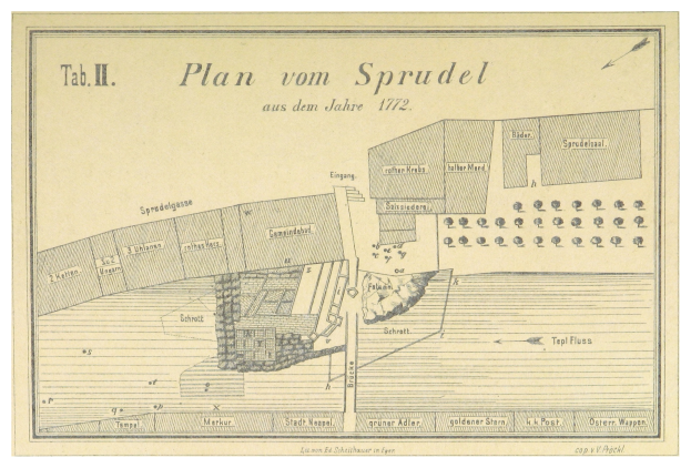 Ein Plakat mit einem detaillierten Stadtplan von Spruidel, Deutschland, und begleitendem Text.