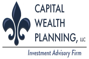 Logo der Capital Wealth Planning, LLC: ein blauer Kreis mit weißer Umrandung und einem weißen "C" in der Mitte, umgeben von einem weißen Ring mit der blauen Aufschrift "Capital Wealth Planning" und der weißen Aufschrift "Investment Advisory Firm" darunter.
