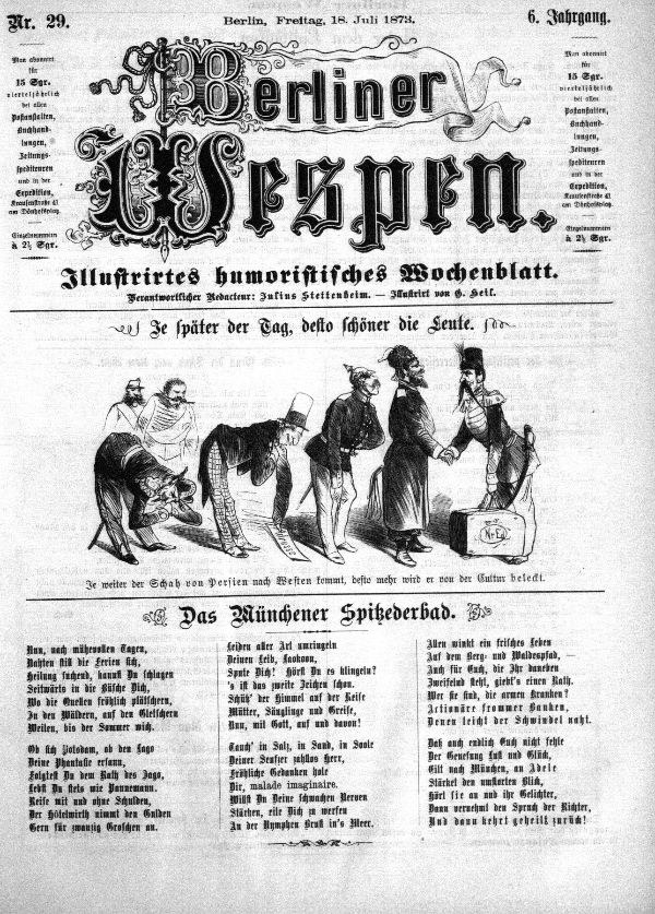 Schwarz-weißer Cartoon eines Mannes mit Zylinder und einer Frau in einem Kleid, die besorgt aussehen, aus der 'Berliner Wespen'-Zeitung vom Juli 1873.