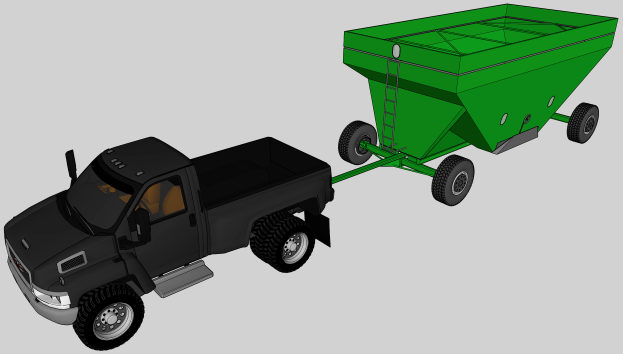Ein schwarzer Lkw mit einem grünen Anhänger, animiert, um abschleppbereit zu wirken, vor einem weißen Hintergrund.