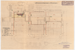 Schwarze und weiße Architekturzeichnung des Rosenhof-Krankenhauses in Hamburg, Deutschland, zeigt detailliertes Layout mit zahlreichen Drähten und beschrifteten Zimmern, Fluren und Merkmalen.