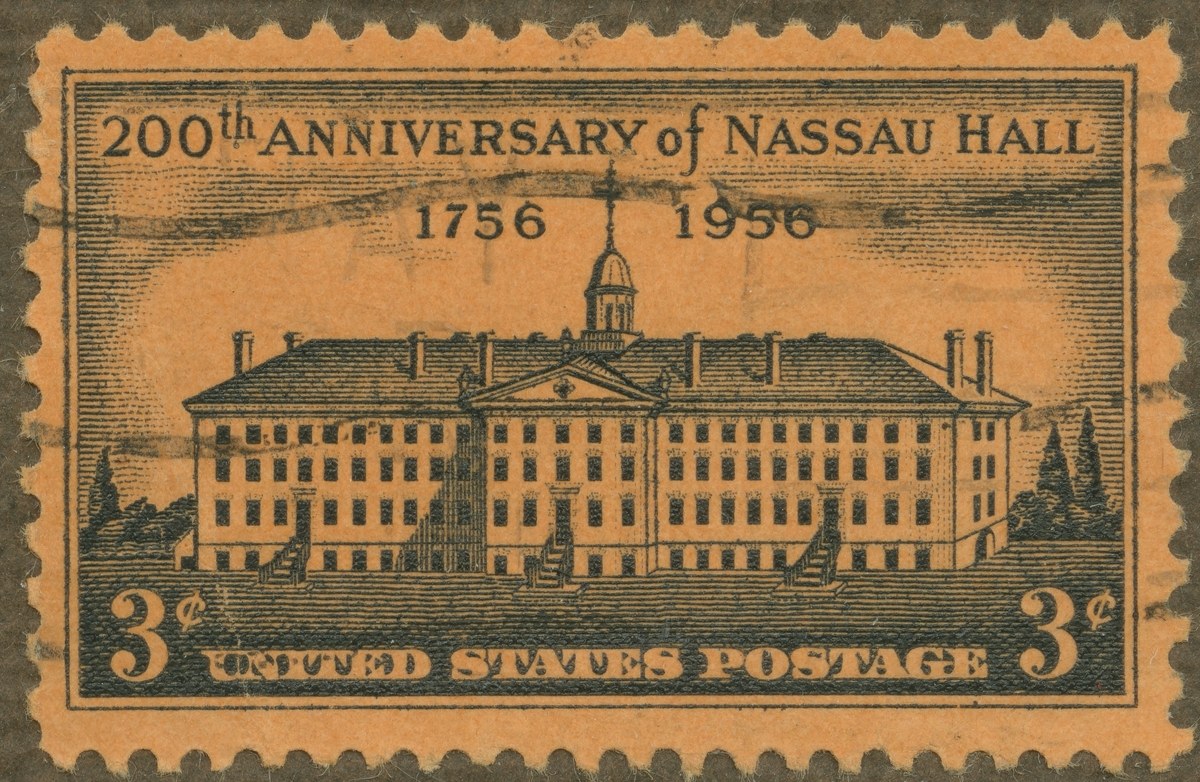 Poststempel zum 200. Jubiläum von Nassau Hall, zeigt eine Abbildung des Gebäudes.