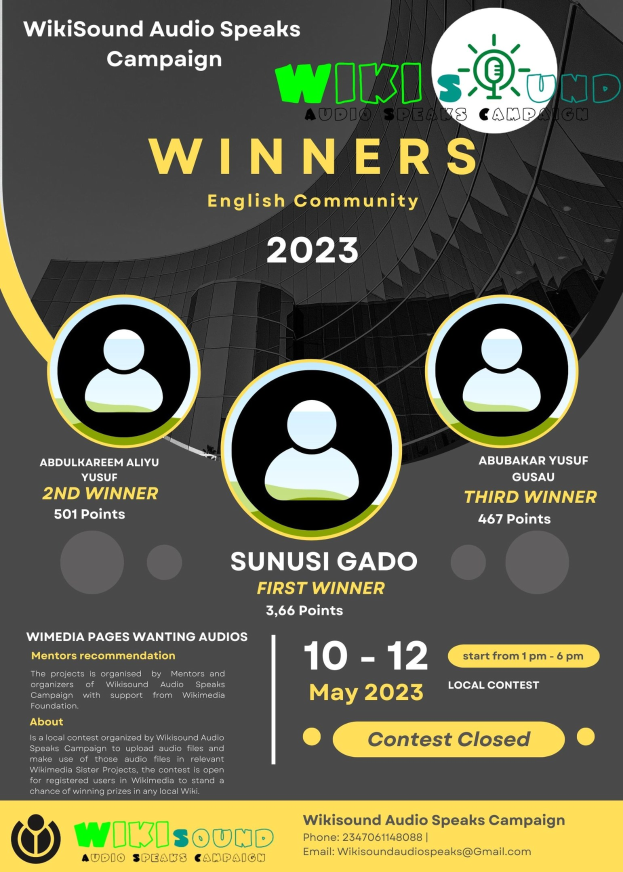 Hellbuntes Plakat mit blauem Hintergrund und gelb/weißer Schrift, die 'Gewinner' des Wikisound Audio Speaks Campaign ankündigt, mit lachenden Menschen im Festivitätsrausch.