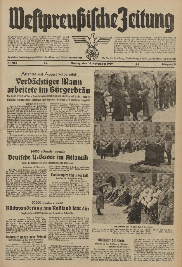 Alte deutsche Zeitungsvorderseite vom 13. November 1939 mit der Schlagzeile 'Weitpreubliche Zeitung' und einem Schwarz-Weiß-Foto von Menschen in traditioneller deutscher Tracht, die feiern.