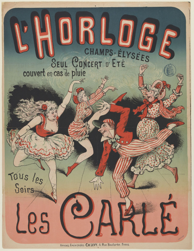 Ein farbenfrohes Konzertplakat für ein Event im Chorlage in Paris, das eine Gruppe von Menschen in bunten Kostümen zeigt, die fröhlich tanzen.