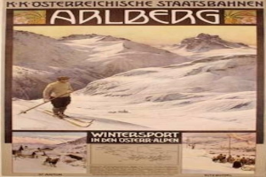 Ein Plakat, das einen Wintersport in den österreichischen Alpen bewirbt, zeigt eine Person beim Skifahren mit Bildern von anderen und Bergen sowie Text.