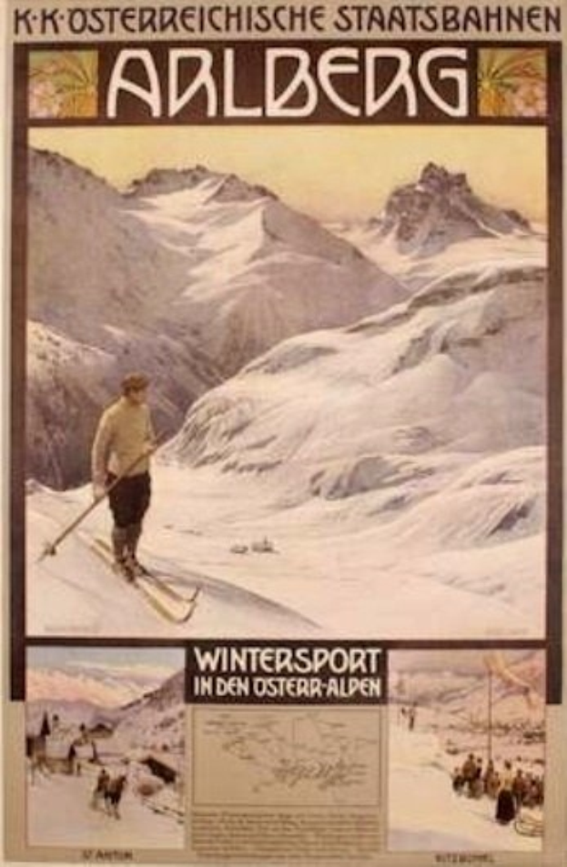 Ein Plakat, das einen Wintersport in den österreichischen Alpen bewirbt, zeigt eine Person beim Skifahren mit Bildern von anderen und Bergen sowie Text.