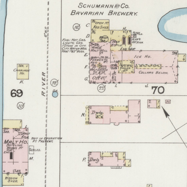 Karte der Schumann & Co Bayerischen Brauerei mit beschrifteten Standorten und numerischen Indikatoren.