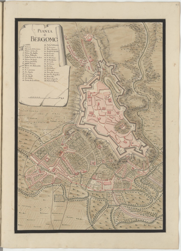 Detailierte Karte von Bergamo, Italien, auf dem Cover eines alten Buches mit begleitendem Text über die Geschichte und Kultur der Stadt.