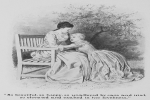 Eine Frau und ein Kind auf einer Bank mit einem Baum im Hintergrund, begleitet von Text unten.