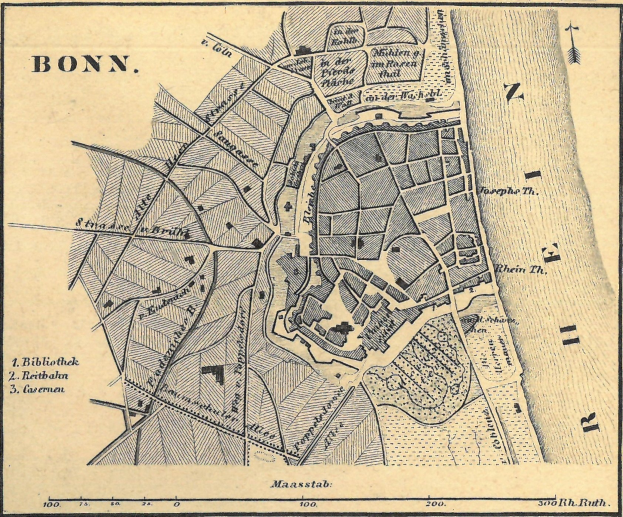 Detailierte alte Karte von Bonn, Deutschland, zeigt Straßen, Gebäude und Sehenswürdigkeiten mit Textbeschriftungen.