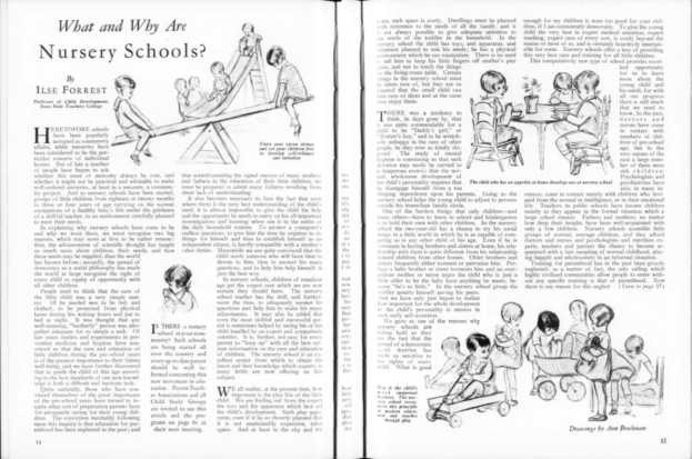 Offenes Buch mit Illustrationen von Kindern, die in einer Kita spielen, Text und einer Tabelle mit Gegenständen.