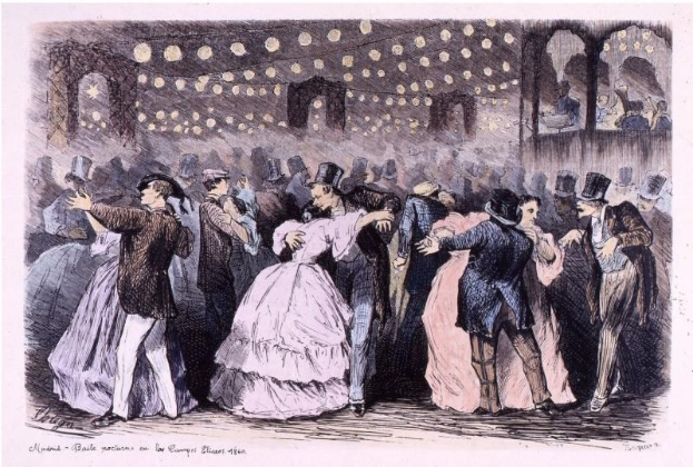 Eine Gruppe von Menschen, die in einem Ballsaal tanzen, mit beleuchteten Wänden und dem Text "Madame Baille Nacional en la Campagne Bleuet, 1860" am unteren Rand.
