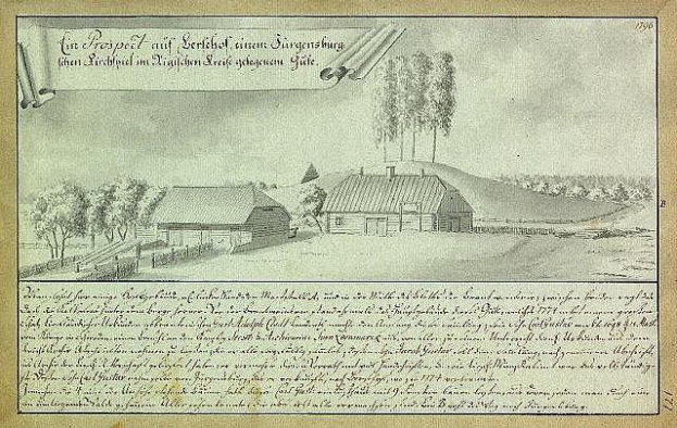 Ein altes historisches Dokument, das ein Gehöft in Surgensburg, Deutschland, zeigt, mit einer Zeichnung von Häusern, Bäumen und einem Himmel, beschriftet mit "Surgensburg, Deutschland - Landschaft eines Gehöfts."