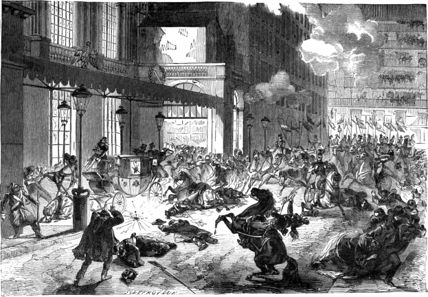 Schwarze und weiße chaotische Stadtstraßenszene mit berittenen Reitern im Vordergrund, horse-drawn carriage dahinter, Gebäuden, Straßenlaternen, Rauch und Text unten.