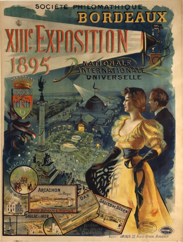 Plakat für die XXII Ausstellung in Bordeaux, Frankreich, mit einer Frau in einem langen Kleid und einem Mann in einem Anzug, die nebeneinander stehen, sowie Event-Text.