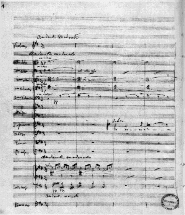 Schwarz-weißes Bild eines Notenblatts für Johann Sebastian Bachs Sinfonie Nr. 4 in G-Dur, Op. 63, mit einem Stempel in der rechten unteren Ecke, der 'Di-Arezzo Co UK' lautet.