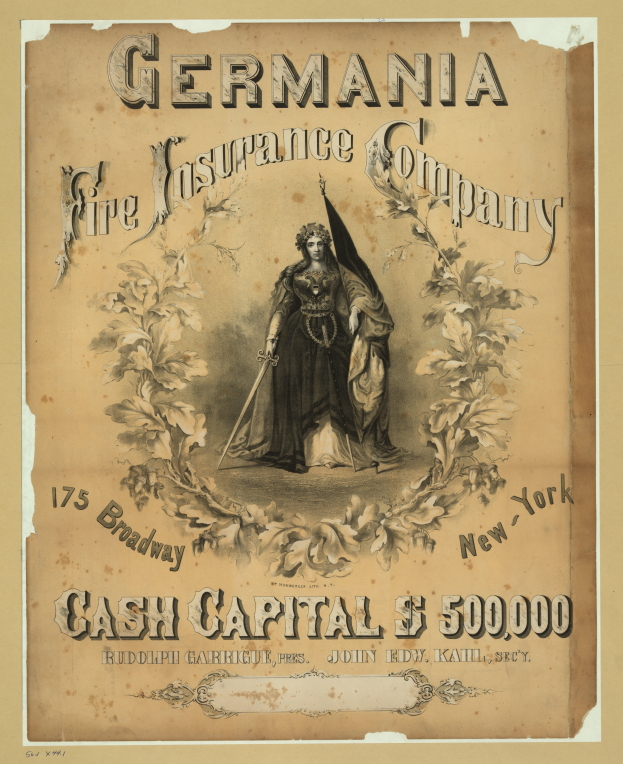 Eine alte Werbung für die Germania-Feuer-Versicherungsgesellschaft, die ein zentrales Bild einer Frau und Textbeschreibungen der Dienstleistungen der Gesellschaft enthält.