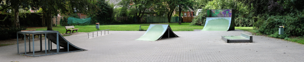 Ein Park mit einem zentralen Skateramp, umgeben von Bänken, Geländern, Gras, Pflanzen, Bäumen und Gebäuden im Hintergrund.