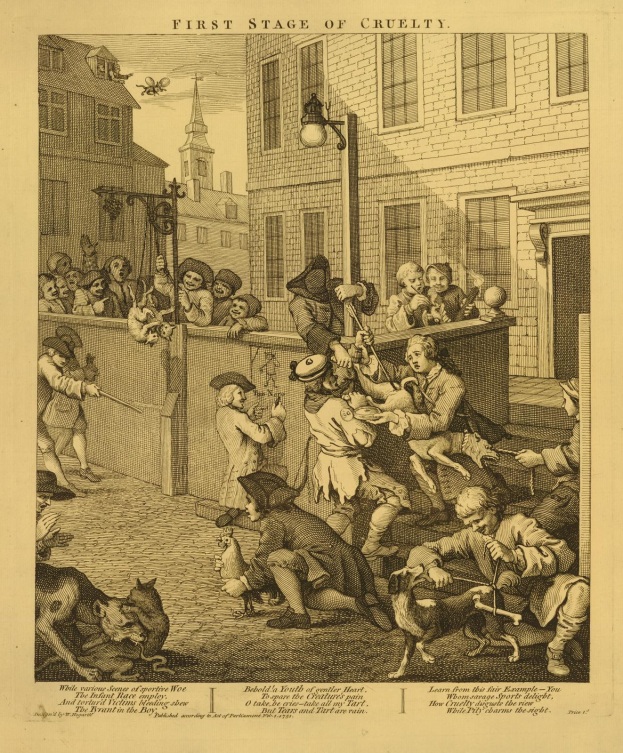 Eine handgezeichnete Skizze auf Papier mit dem Titel "Erste Stufe der Grausamkeit", die eine Gruppe von Menschen und Tieren vor einem Gebäude mit Fenstern und einem Laternenpfahl zeigt.