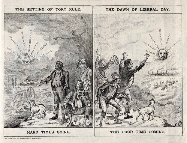 Schwarze und weiße Illustration, die den Übergang von Tory-Regelung zu liberaler Regierung zeigt, mit Menschen, Tieren und verschiedenen Gegenständen.