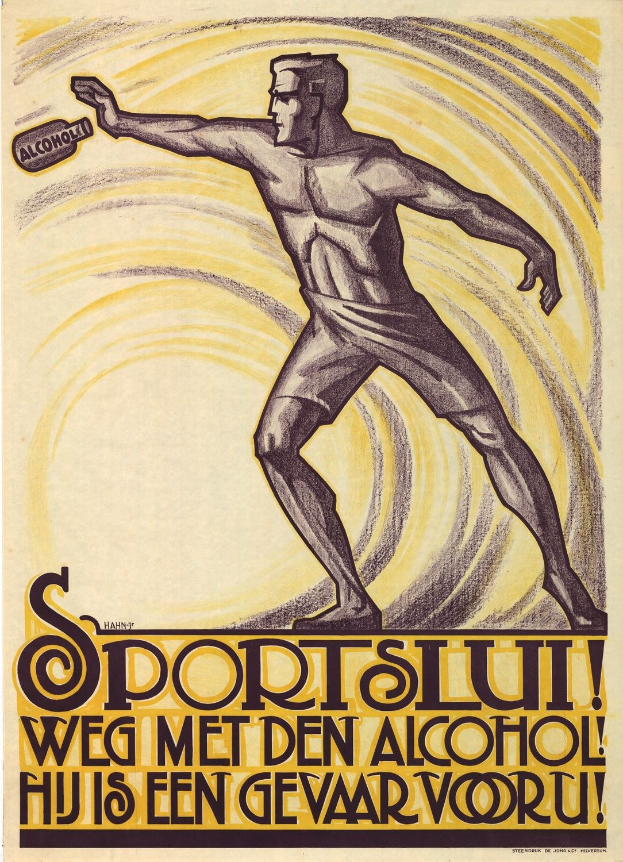 Ein Mann mit einer Flasche Alkohol in der Hand, mit Text, der ihn und den Alkohol beschreibt.