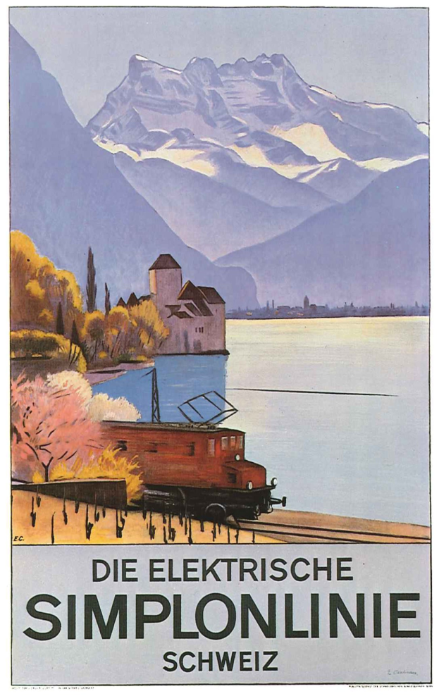 Plakatwerbung für die Schweizer Bahnen mit einem Zug auf Schienen neben einem See, umgeben von Bäumen, einem Gebäude und Bergen im Hintergrund.