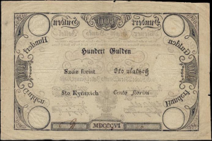 Alte deutsche 100-Pfennig-Banknote mit einem Porträt eines Mannes auf schwarzem Hintergrund.