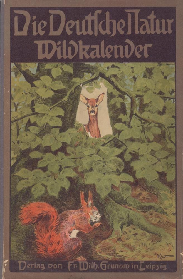 Buchumschlag mit einer Illustration eines Rehs und eines Eichhörnchens in einem Waldgebiet, mit der Aufschrift "Die Deutsches Hatur Wildkalender" darauf.