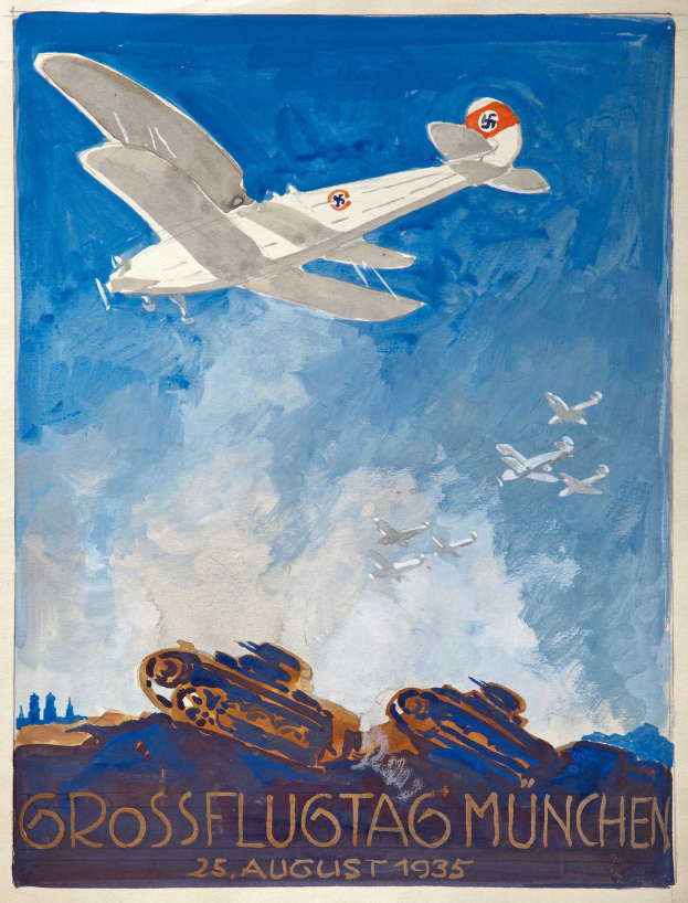 Plakat, das das Grossflugtag München-Event am 25. August 1935 bewirbt, mit einem Flugzeug im Vordergrund und zusätzlichen Flugzeugen am Himmel sowie Text unten.