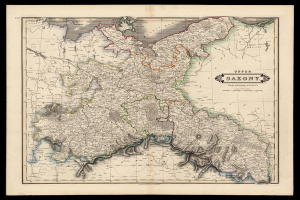 Ein altes Sachsen-Karte von Deutschland mit einem schwarzen Hintergrund, die Provinzen, Städte und geografische Merkmale detailliert, einschließlich Bevölkerungs- und Stadtinformationen.