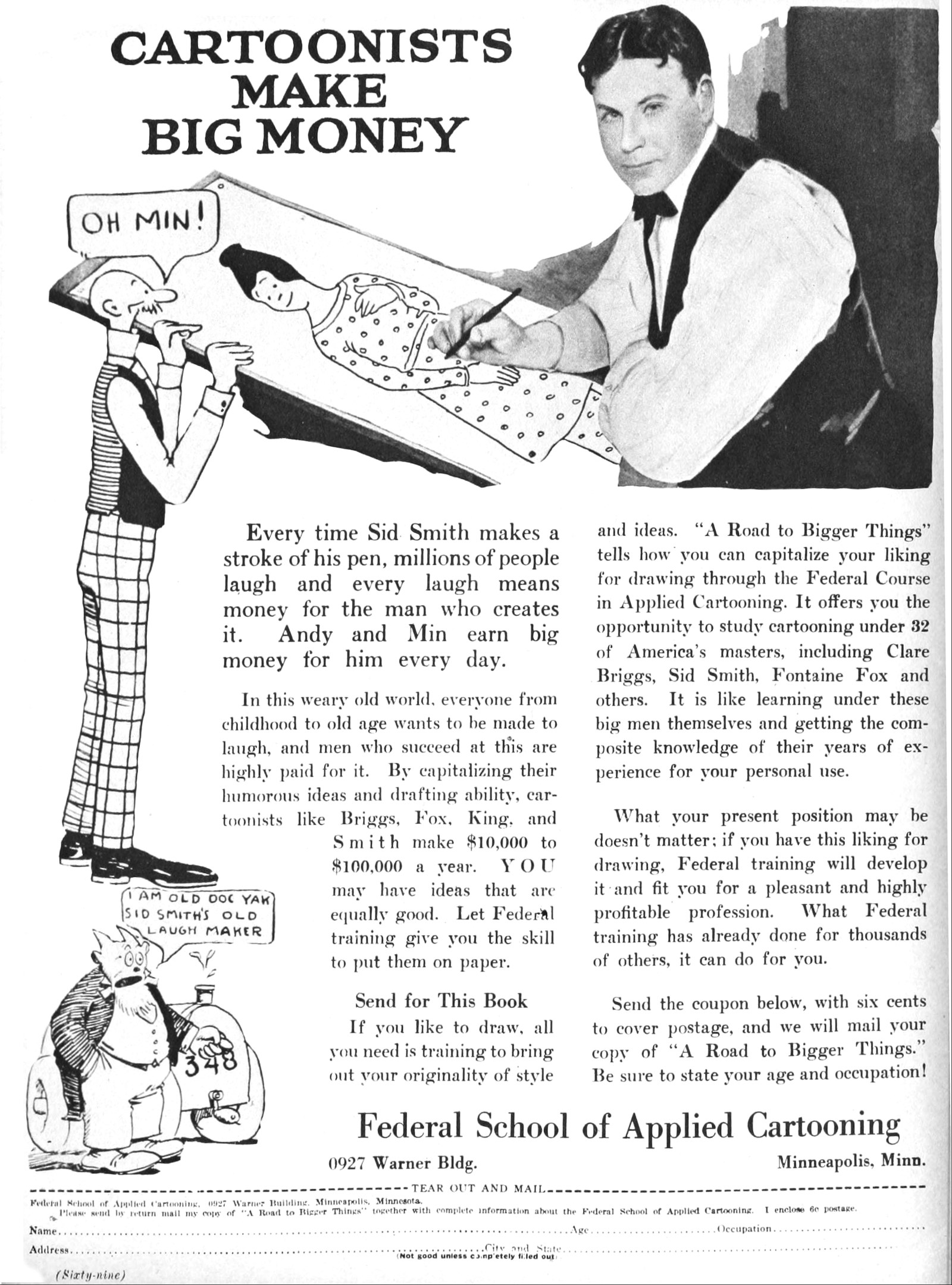 Werbung für die Bundesakademie für Angewandte Karikatur mit einem Mann im Smoking zwischen einer Frau im Kleid und einem anderen Mann, mit der Aufschrift "Karikaturisten verdienen viel Geld".