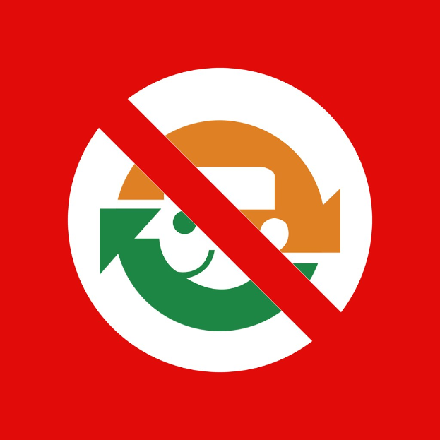 Ein rotes und weißes Schild mit einem nach rechts weisenden Pfeil und "Keine Wiederverwertung" in fetter schwarzer Schrift auf weißem Hintergrund.