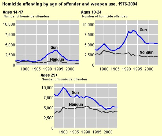 Liniengraph, der die Homicide-Offending-Rates nach Alter des Täters und Waffentyp von 1976 bis 2004 zeigt, mit begleitendem erklärendem Text.