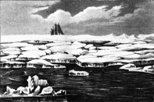 Eine Schwarz-Weiß-Zeichnung von Eisbergen, die im Ozean treiben, mit einem Schiff im Hintergrund, Wolken am Himmel und dem Text 'Antarktika im 19. Jahrhundert' unten.