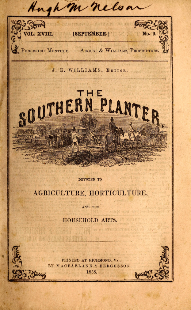 Ein altes Buch mit dem Titel "The Southern Planter" mit einer Cover-Illustration von landwirtschaftlichen Landschaften und Haushaltsszenen.