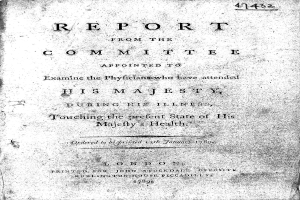 Ein altes Buch mit dem Titel "Bericht der Kommission, die beauftragt wurde, die Ärzte zu untersuchen, die Seiner Majestät während seiner Krankheit beigestanden haben, bezüglich des perfekten Gesundheitszustands Seiner Majestät" auf dem Cover gedruckt.