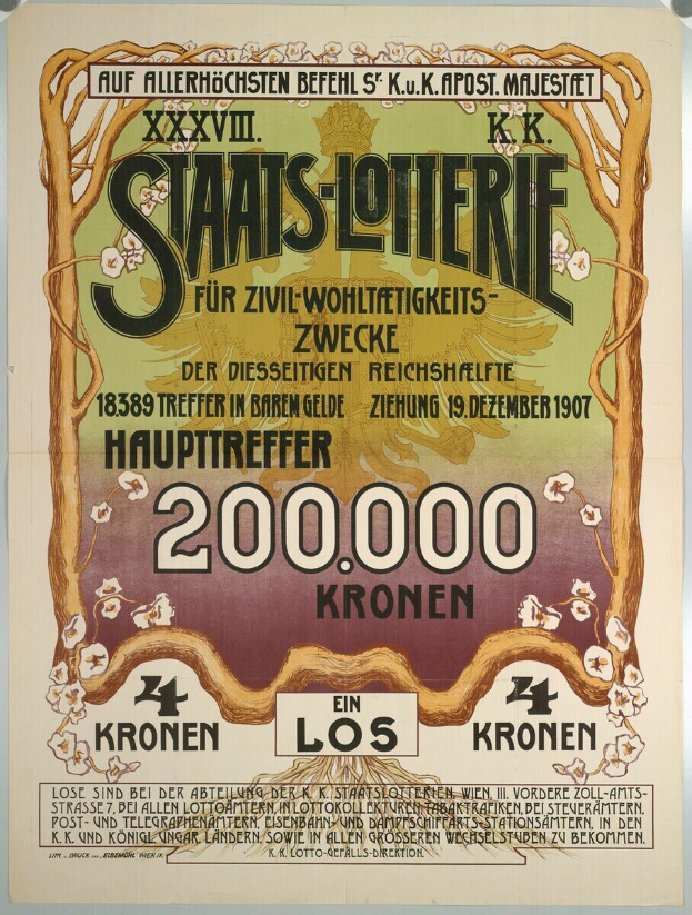 Ein Plakat an einer Gebäudewand mit einem großen Geldbetrag, Text und Zahlen, wahrscheinlich für eine Lotteriewerbung.