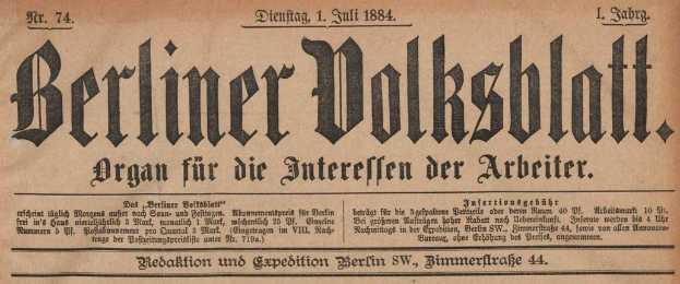 Altes deutsches Zeitungsblatt "Berliner Volksblatt" von 1884, vergilbt und in schwarzer Tinte gedruckt.