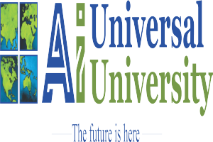 Universelles Universitätslogo: ein blauer Kreis mit einer weißen Umrandung und einem weißen Stern in der Mitte, umgeben von einem weißen Ring mit den blau geschriebenen Wörtern "Universelles Universitätslogo", darunter der Text "Die Zukunft ist hier" in fetter, schwarzer Schrift.