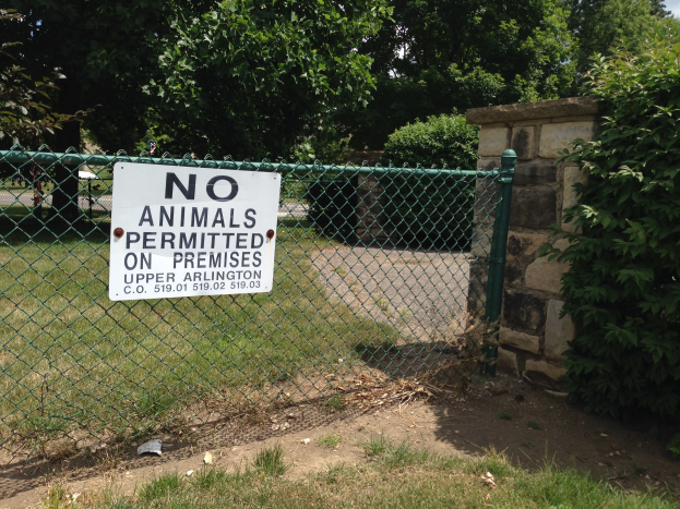 Ein Schild an einem Kettenzaun trägt die Aufschrift "Keine Tiere erlaubt" umgeben von saftigem Grün, Pflanzen und Bäumen, mit einer Wand im Hintergrund und einem klaren blauen Himmel darüber.