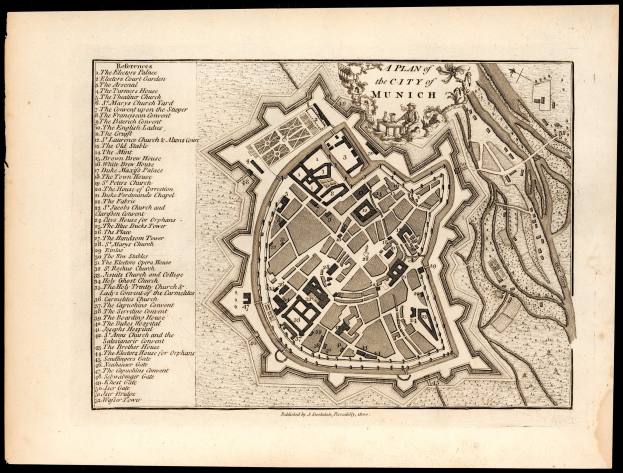 Ein altes Stadtplan von München, Deutschland auf einem schwarzen Hintergrund, der Straßen, Gebäude und Sehenswürdigkeiten mit beschriftetem Text zeigt.
